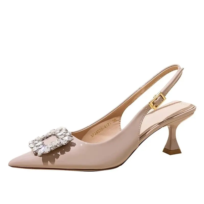 Baotou Fine Heel Patent Leather Sandals Women's Summer Pointed Toe Shallow Mouth Rhinestone Buckle Non-slip High Heels