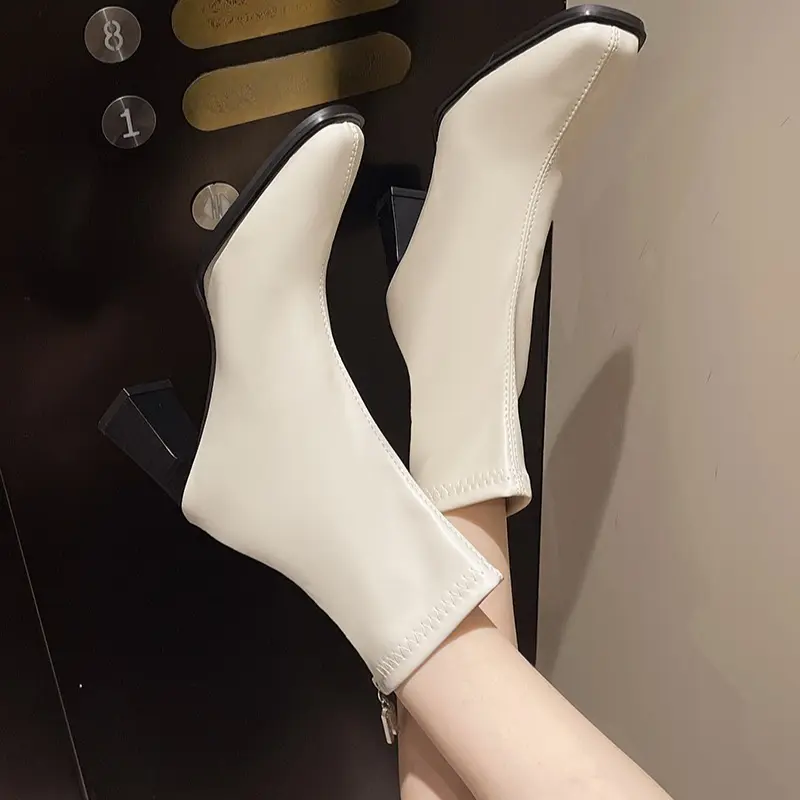 Block Heel Platform Booties Women's New Autumn Square Toe Back Zip Non-Slip High Heel Stretch Skinny Boots