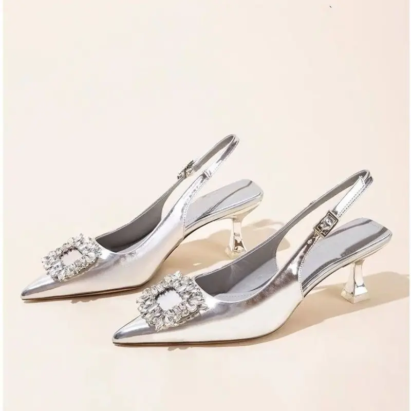 Baotou Fine Heel Patent Leather Sandals Women's Summer Pointed Toe Shallow Mouth Rhinestone Buckle Non-slip High Heels
