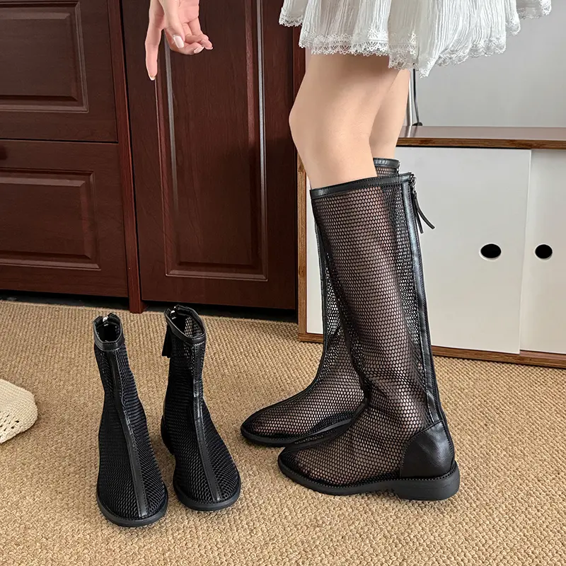 Summer New Cold Boots Women's Fashion Round Toe Mesh Cutout Breathable Rear Zipper Low Heel Tall Boots