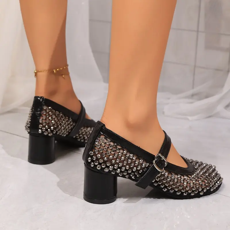 Summer New Rhinestone Mesh Heels Women's Square Toe Shallow Mouth Cutout Breathable Non-Slip Mary Jane Single