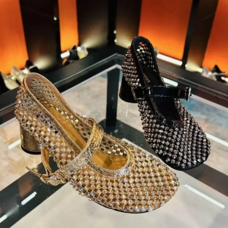 Summer New Rhinestone Mesh Heels Women's Square Toe Shallow Mouth Cutout Breathable Non-Slip Mary Jane Single