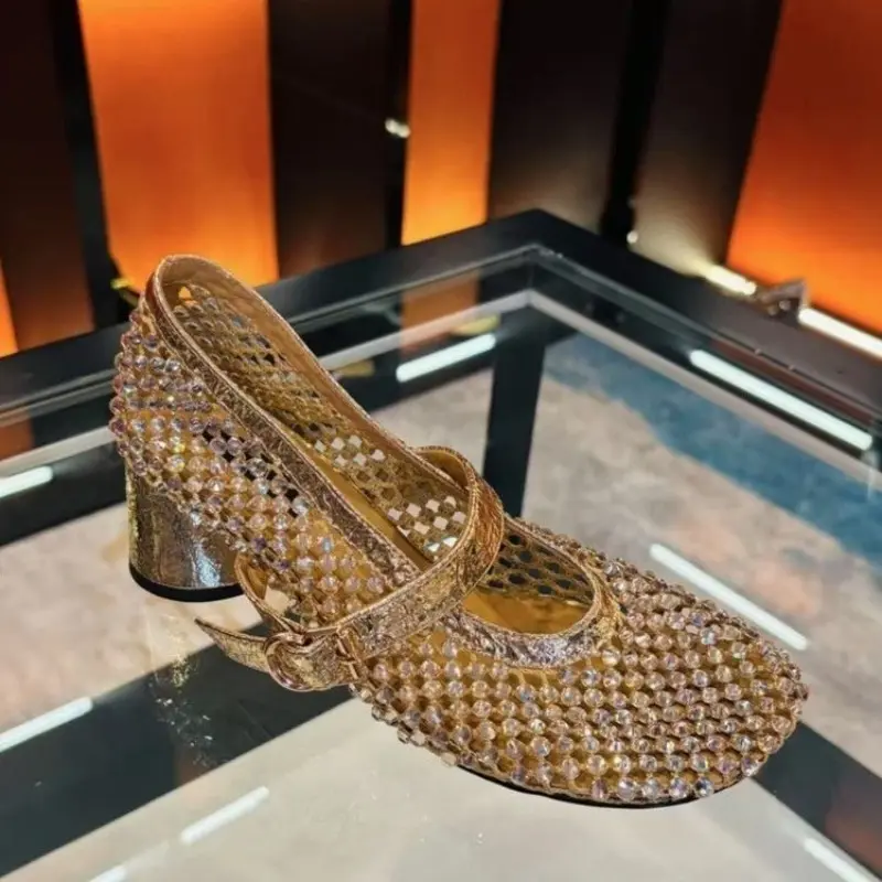 Summer New Rhinestone Mesh Heels Women's Square Toe Shallow Mouth Cutout Breathable Non-Slip Mary Jane Single