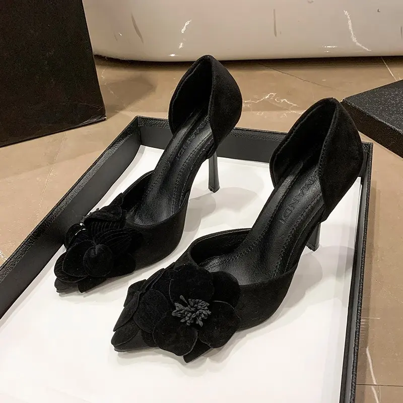Spring New Women's Single Shoes Pointy Thin Heels with Flowers High Heels Female All-in-one Bag Head Hollow Fashion Shoes
