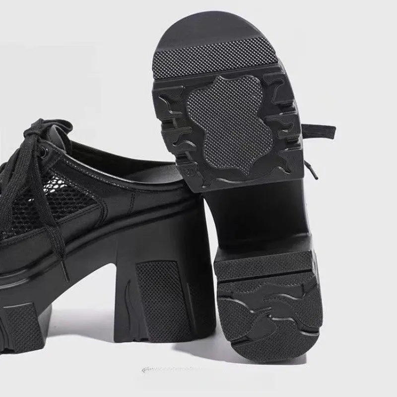 Women's Thick Bottom Sandals Fall New Round Head Mesh Hollow Breathable Lace-up High Heels Slippers