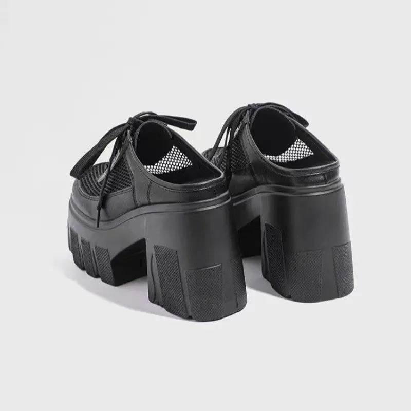 Women's Thick Bottom Sandals Fall New Round Head Mesh Hollow Breathable Lace-up High Heels Slippers