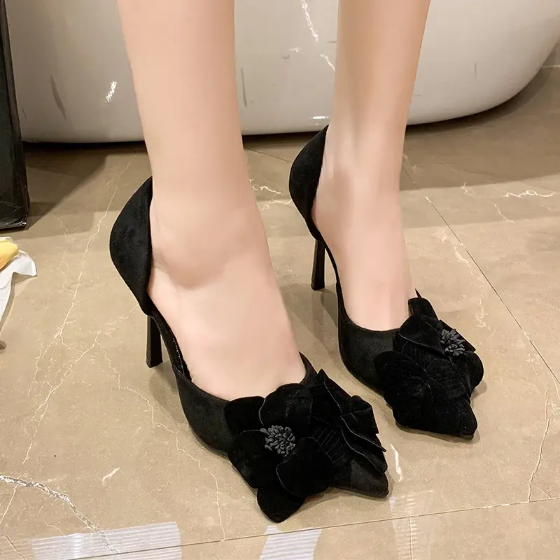 Spring New Women's Single Shoes Pointy Thin Heels with Flowers High Heels Female All-in-one Bag Head Hollow Fashion Shoes