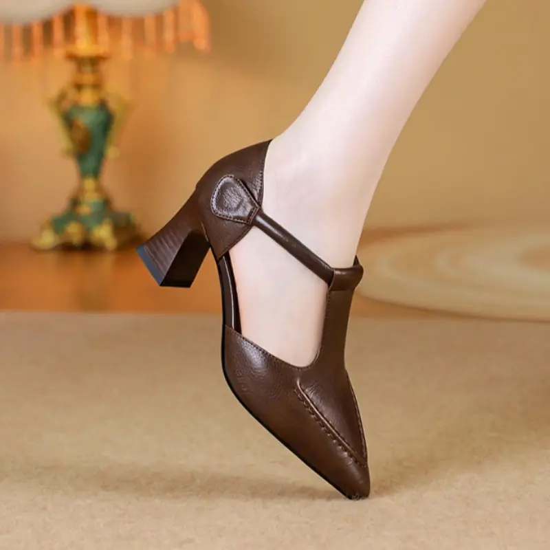 Hollow High-heeled Single Shoes Autumn New Pointed Toe Shallow Mouth One Belt Non-slip Wear-resistant Block Heel Shoes