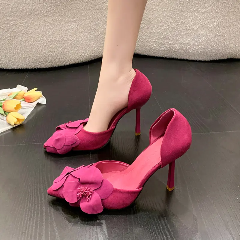 Spring New Women's Single Shoes Pointy Thin Heels with Flowers High Heels Female All-in-one Bag Head Hollow Fashion Shoes