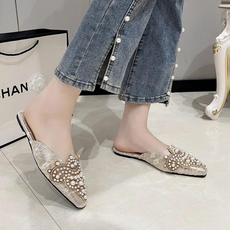 Baotou Lace Women's Shoes Flat Pointed Half Slippers Women's Summer Slippers Pearl Rhinestones Lazy Drag