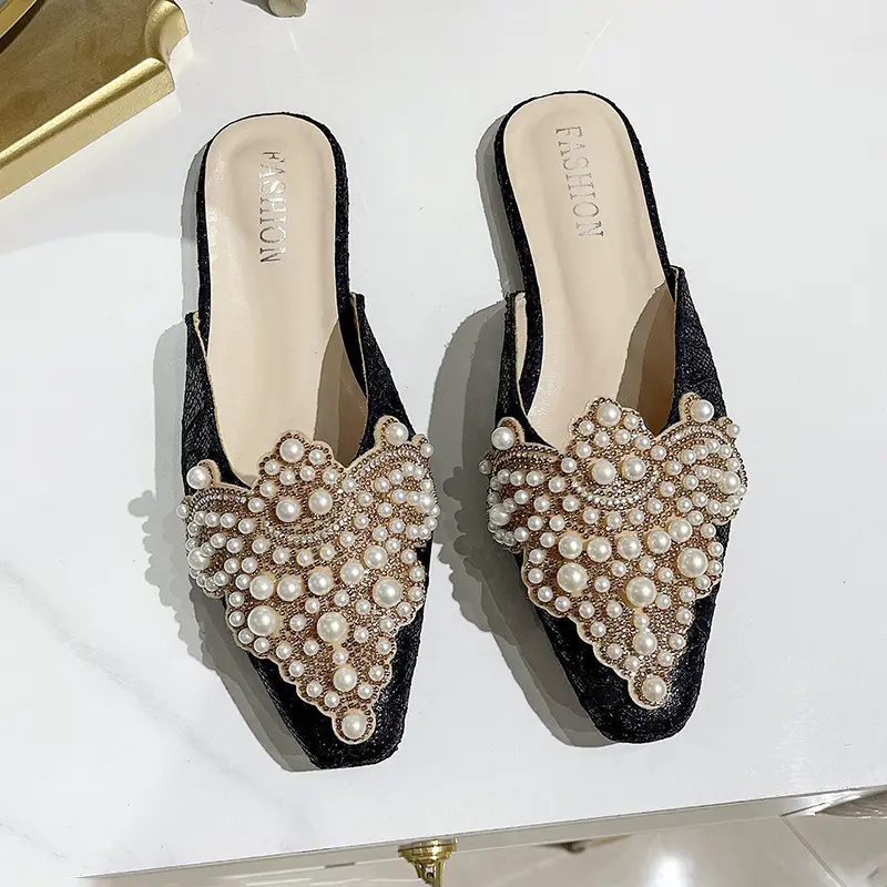 Baotou Lace Women's Shoes Flat Pointed Half Slippers Women's Summer Slippers Pearl Rhinestones Lazy Drag