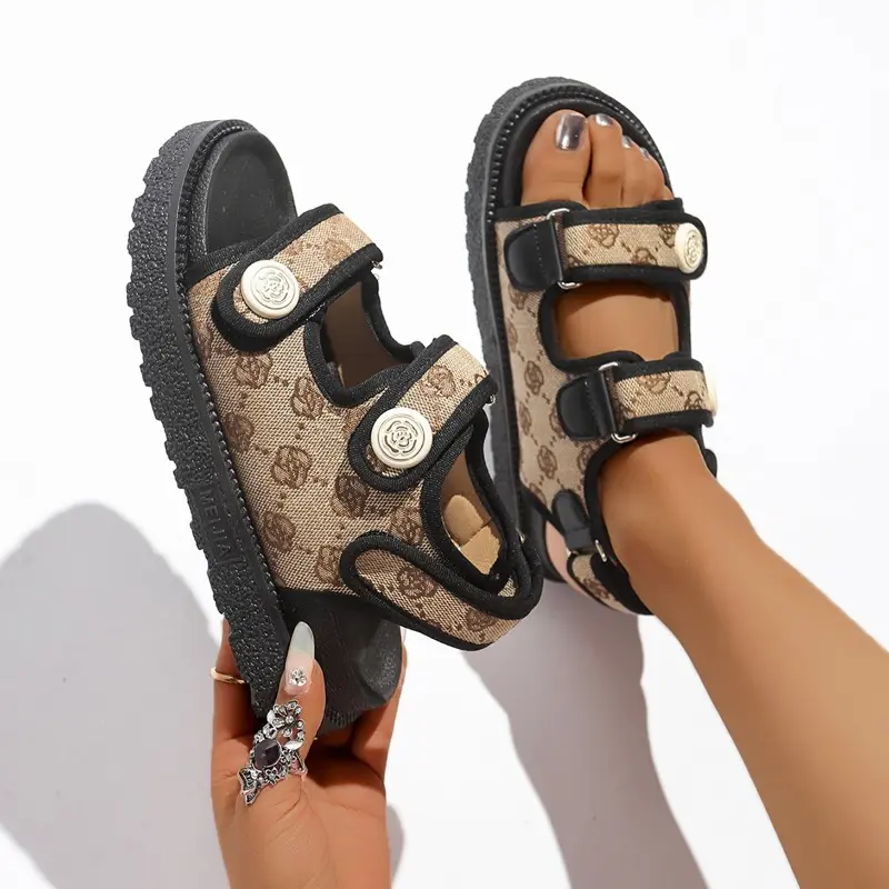 Sports Sandals Women's Summer New Round Toe Open Toe Metal Buckle Platform Lightweight Non-Slip Wear-Resistant Flats