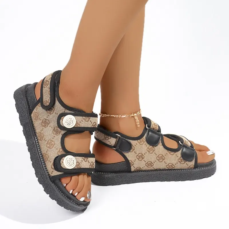 Sports Sandals Women's Summer New Round Toe Open Toe Metal Buckle Platform Lightweight Non-Slip Wear-Resistant Flats