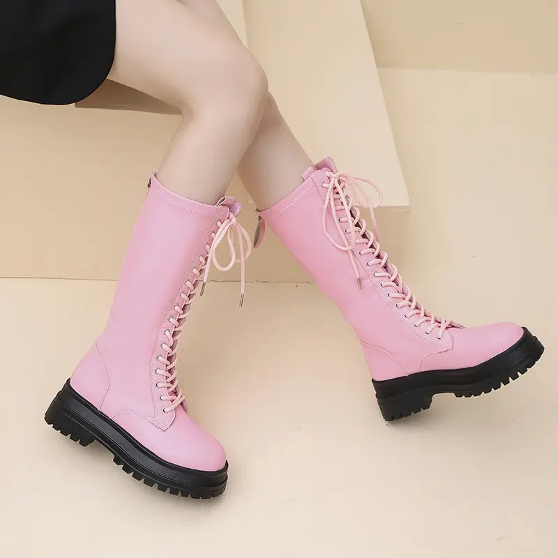 Lace-up Skinny Boots Women's Autumn and Winter Small Round Toe Versatile Block Heel Platform Thigh Boots