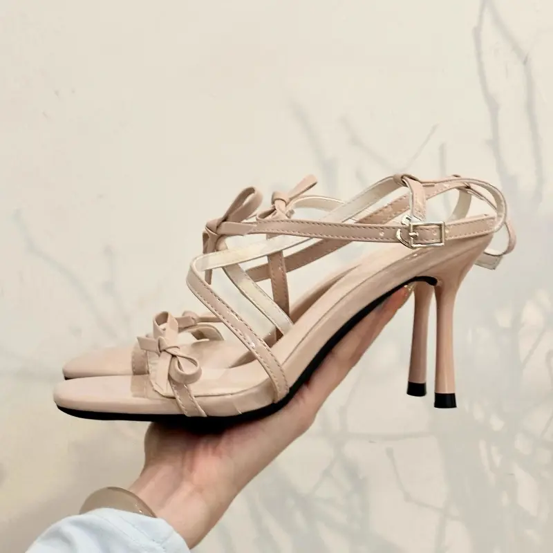 Stiletto Sandals Summer New Square Head Open Toe Thin with Butterfly Knot Anti-slip Wear-resistant High Heels