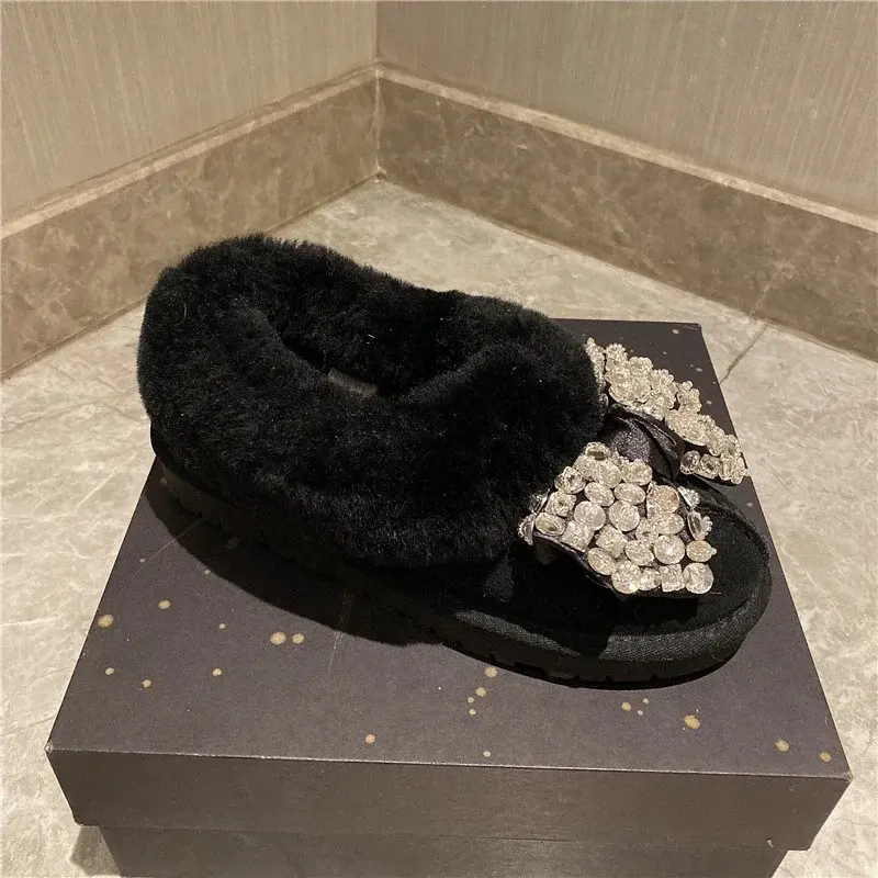 Women's Fashion Flat Snow Boots Winter Round Head Deep Mouth Drill Butterfly Suede Thickened Soft Sole Cotton Boots