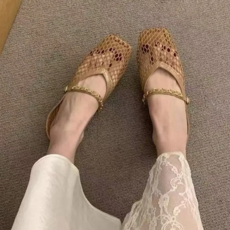 Retro Flat Shoes Summer New Square Toe Fishing Net Breathable Hollow Outside Wear Slip-on Baotou Half Slippers