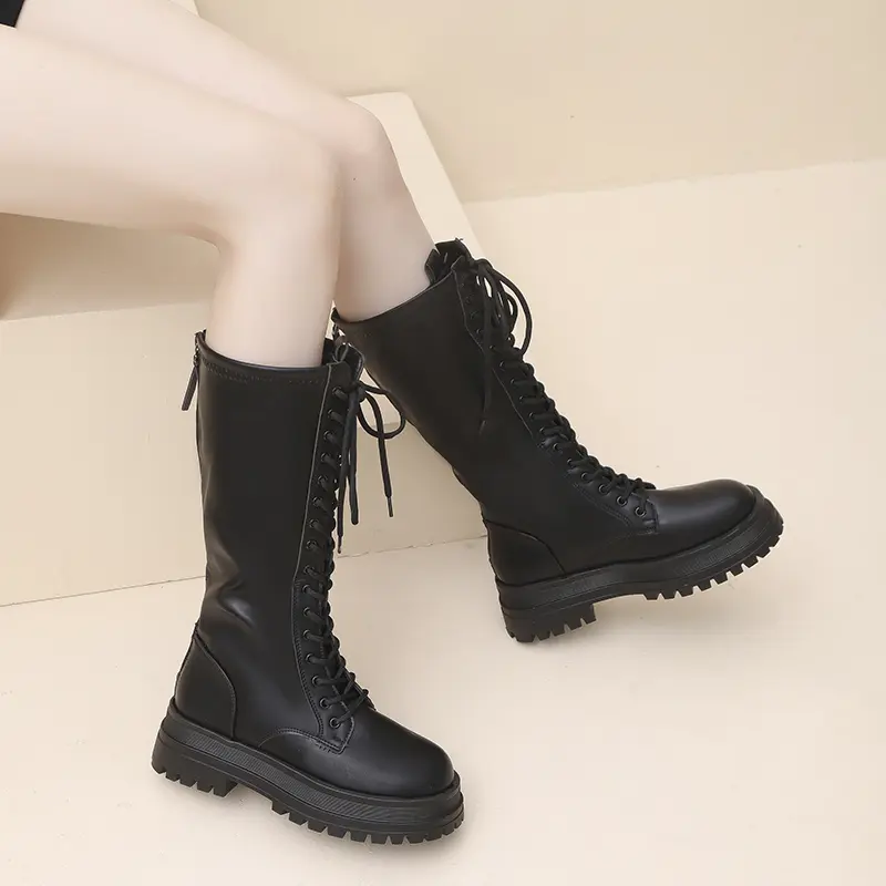 Lace-up Skinny Boots Women's Autumn and Winter Small Round Toe Versatile Block Heel Platform Thigh Boots