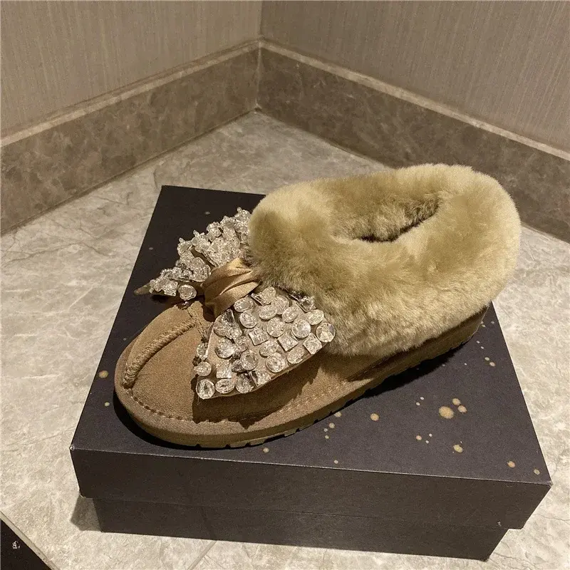 Women's Fashion Flat Snow Boots Winter Round Head Deep Mouth Drill Butterfly Suede Thickened Soft Sole Cotton Boots