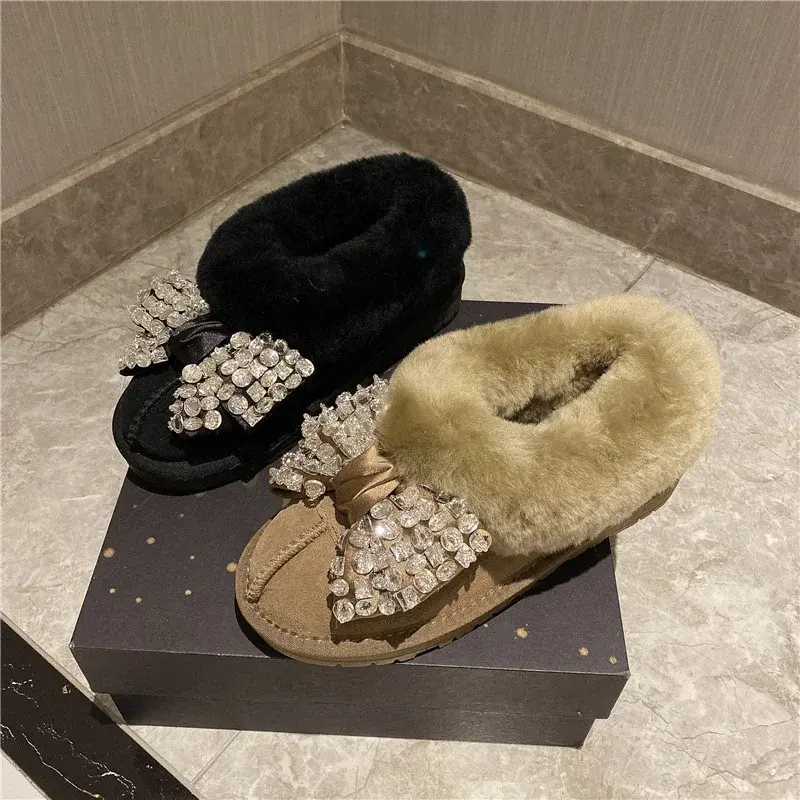 Women's Fashion Flat Snow Boots Winter Round Head Deep Mouth Drill Butterfly Suede Thickened Soft Sole Cotton Boots