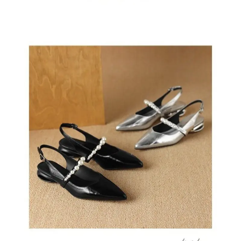 The New Foreign Style Slotted Buckle Strap Toe Sandals Women's Pointed Toe Braided Cut-out Low Heel Hollow Back Single Shoes