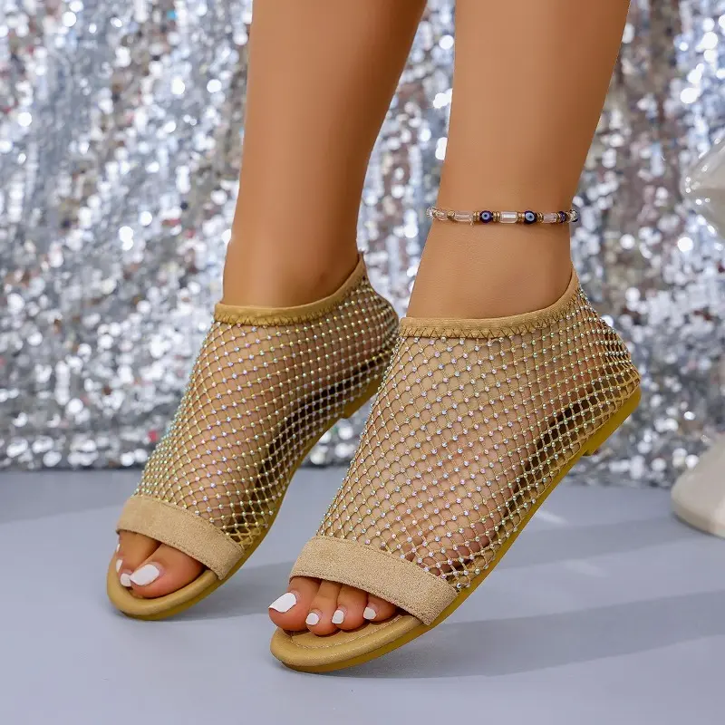 Plus Size Flat Sandals Fall New Round Toe Open Toe Rhinestone Mesh Breathable Soft Sole Romans