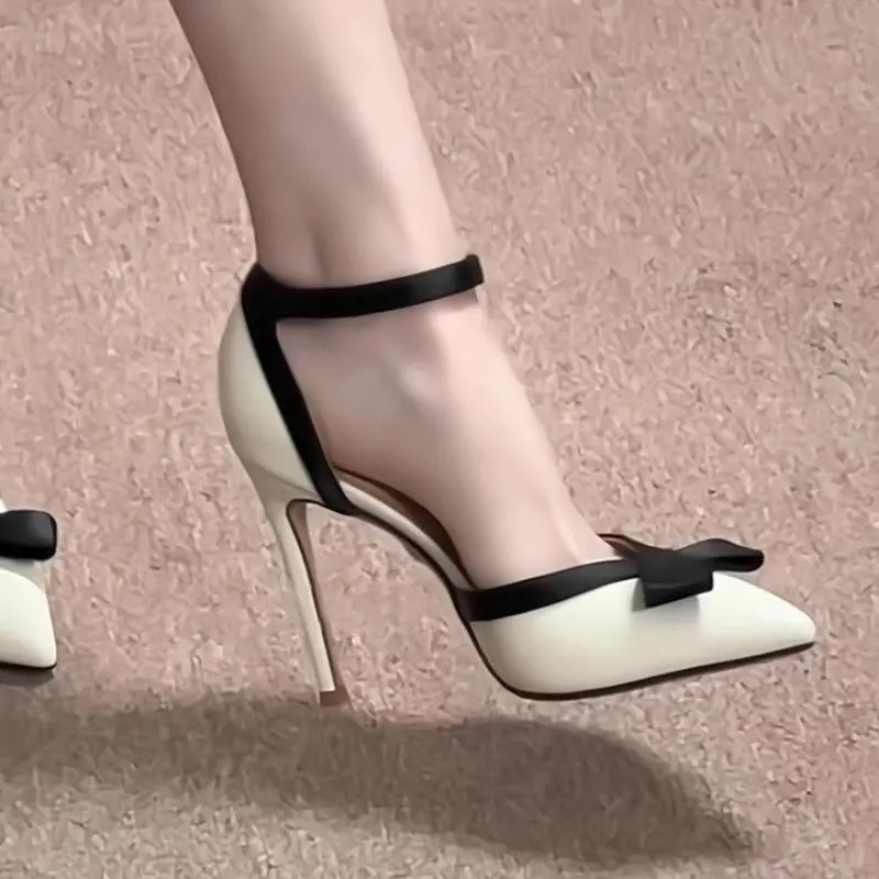 Temperament Pointed Toe Shallow Mouth Bow High Heels Women's Summer New One-word Buckle Strap Baotou Sandals