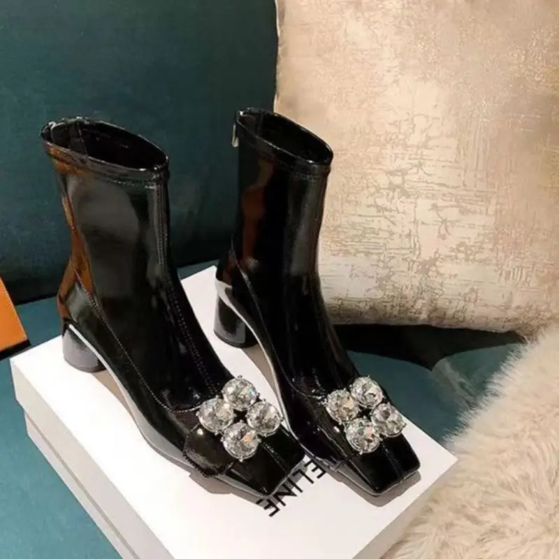 Women's Fashion Chunky Single Boots Fall New Square Head Rhinestones After Zipper Temperament Short Boots