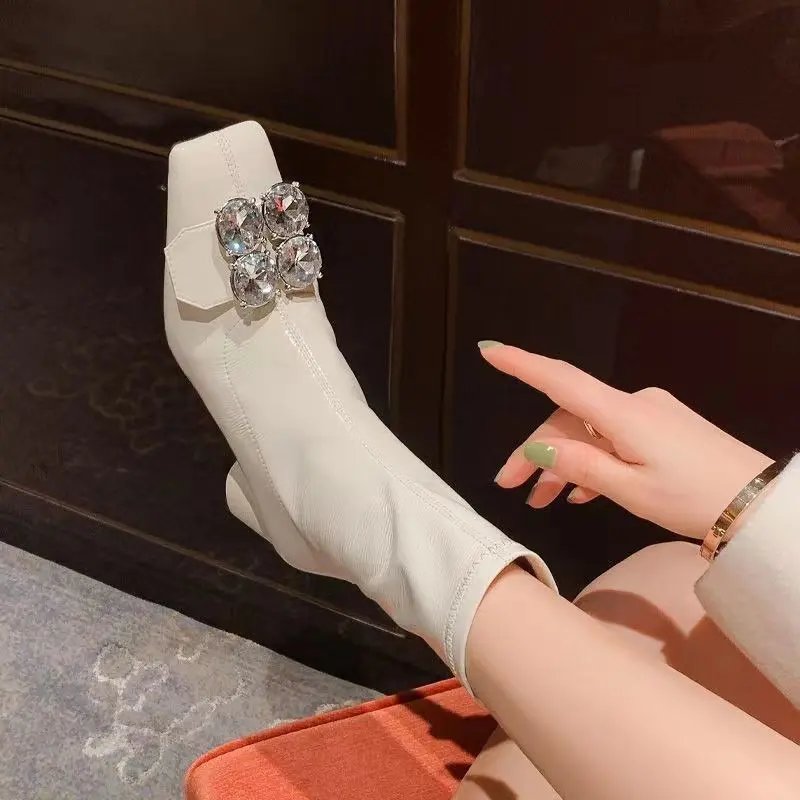 Women's Fashion Chunky Single Boots Fall New Square Head Rhinestones After Zipper Temperament Short Boots