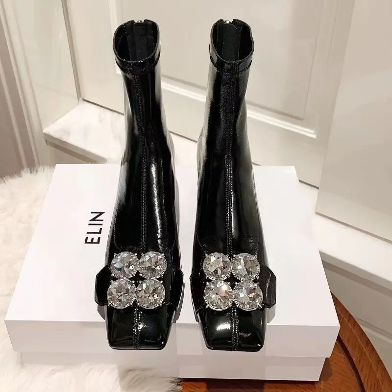 Women's Fashion Chunky Single Boots Fall New Square Head Rhinestones After Zipper Temperament Short Boots