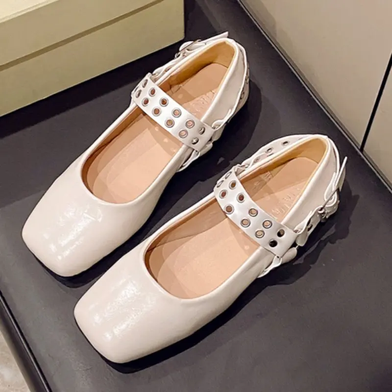 Single Shoe Spring New Square Head Shallow Mouth Leather Rivets Metal Buckle Soft Sole Anti-slip Wear-resistant Flat Shoes