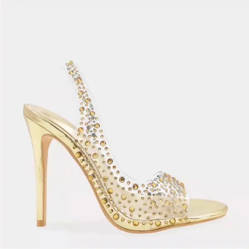 Rhinestone High Heel Open Toe Sandals Women's Cross Pointed Toe Back Trip Strap Crystal Fish Mouth Fashion Shoes Plus Size
