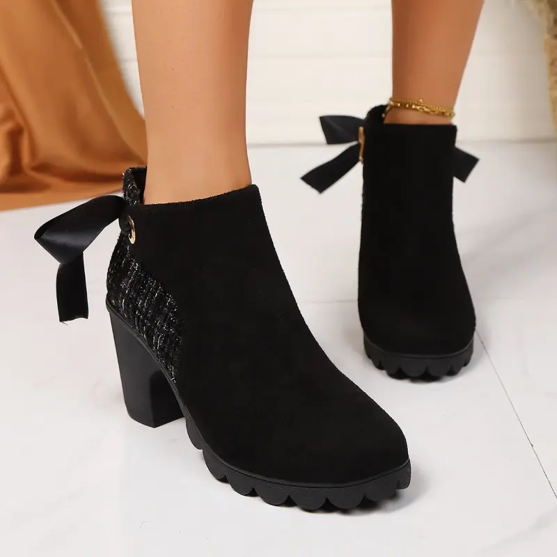 Spring Fall New Ribbon Bow Heel Shoes Women Block Heel Boots Women Fashion Round Toe Side Zipper Paneled Booties