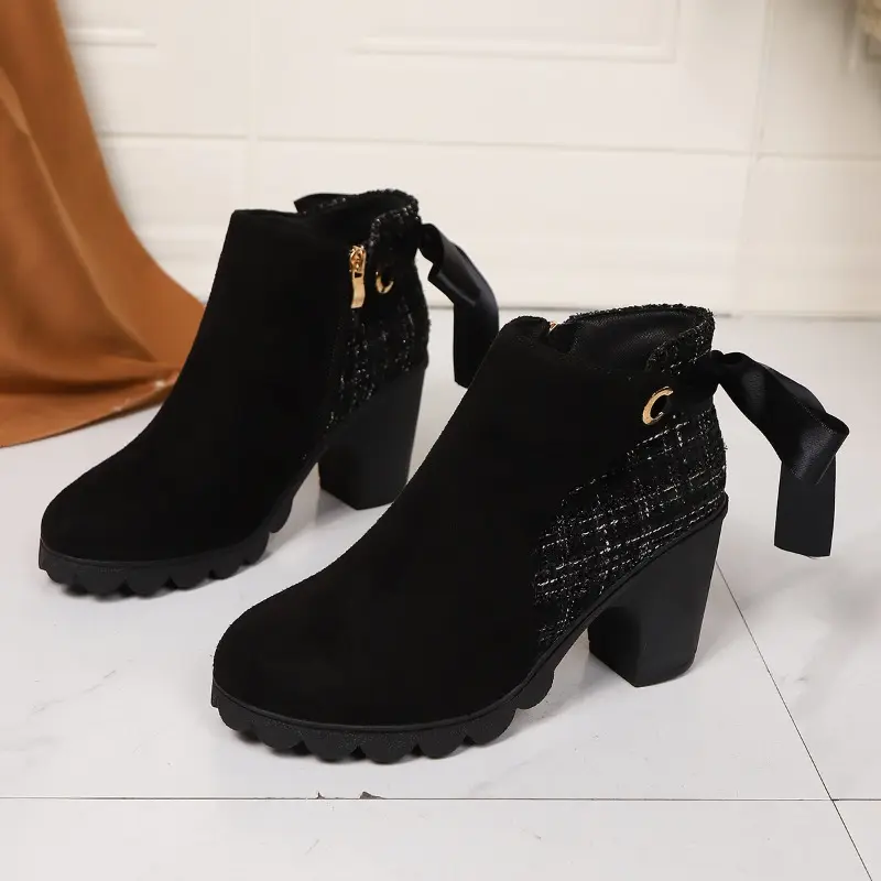 Spring Fall New Ribbon Bow Heel Shoes Women Block Heel Boots Women Fashion Round Toe Side Zipper Paneled Booties
