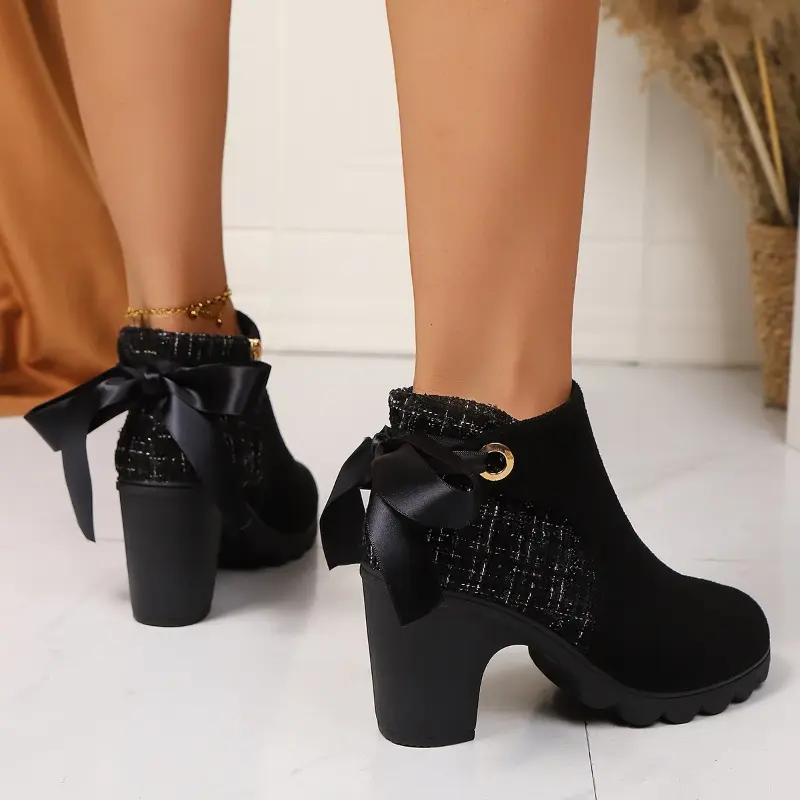 Spring Fall New Ribbon Bow Heel Shoes Women Block Heel Boots Women Fashion Round Toe Side Zipper Paneled Booties