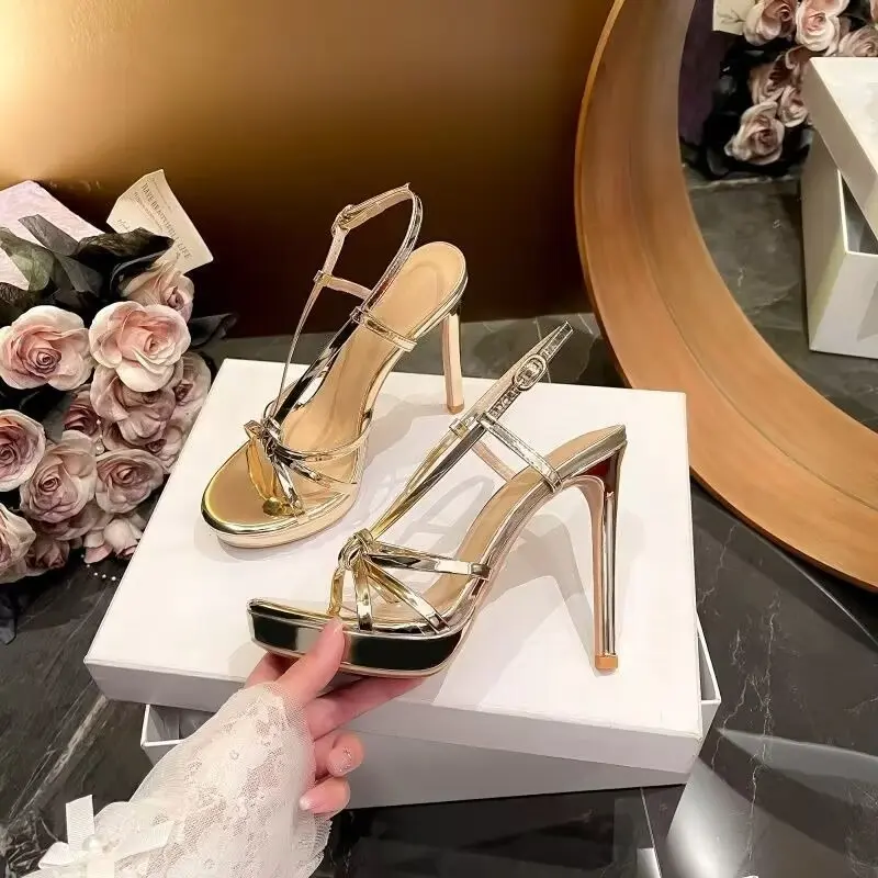 Super High Heel Sandals Summer New Round Toe Open Toe Cross Thin Strap Platform Non-slip Wear-resistant High Heels