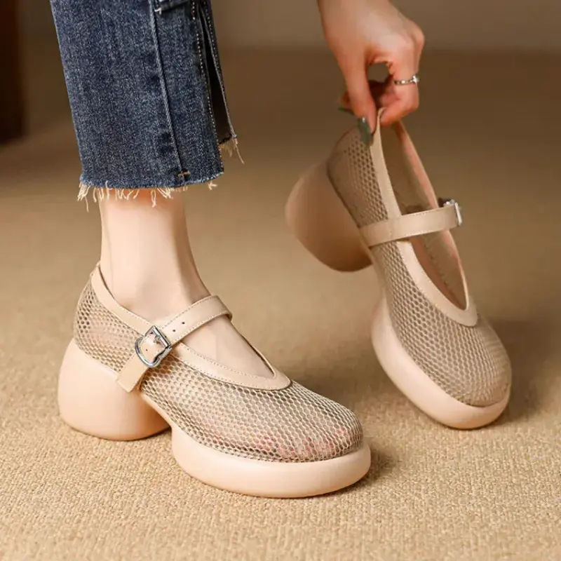 Female baotou sandals thick sole breathable mesh one line buckle Roman shoes summer new Mary Jane shoes