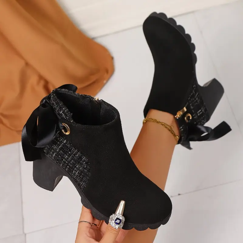 Spring Fall New Ribbon Bow Heel Shoes Women Block Heel Boots Women Fashion Round Toe Side Zipper Paneled Booties