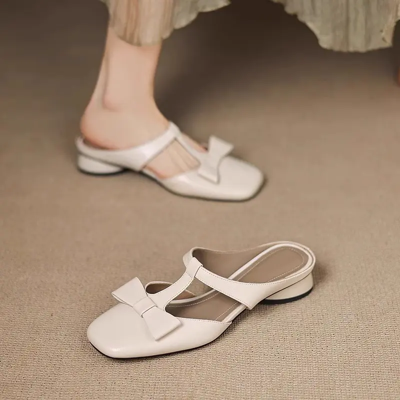 Baotou Half Slippers Women's Summer New Square Toe Shallow Mouth Bow Low Heel Block Heel Slip-on Wear-resistant Slippers