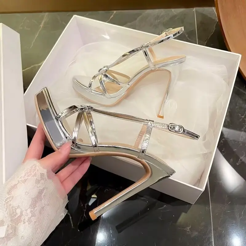 Super High Heel Sandals Summer New Round Toe Open Toe Cross Thin Strap Platform Non-slip Wear-resistant High Heels