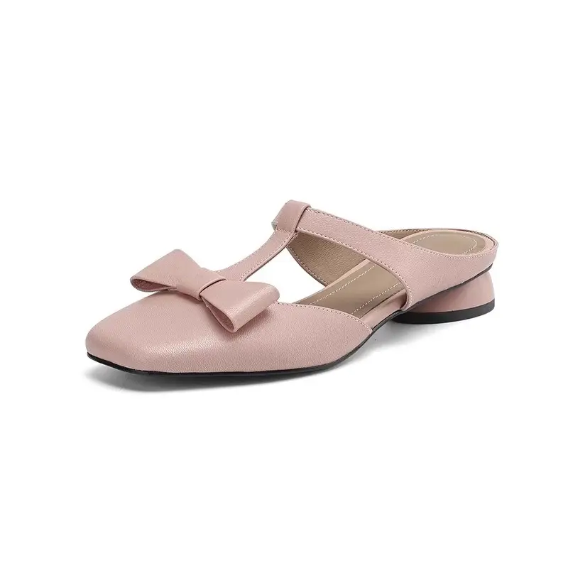 Baotou Half Slippers Women's Summer New Square Toe Shallow Mouth Bow Low Heel Block Heel Slip-on Wear-resistant Slippers