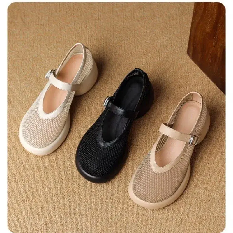Female baotou sandals thick sole breathable mesh one line buckle Roman shoes summer new Mary Jane shoes
