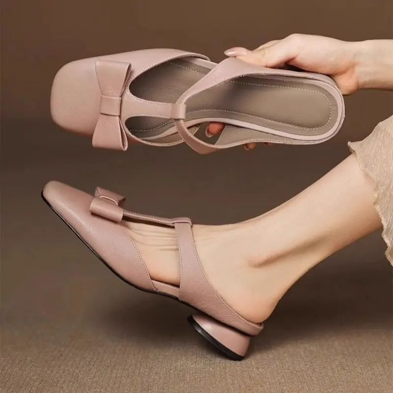 Baotou Half Slippers Women's Summer New Square Toe Shallow Mouth Bow Low Heel Block Heel Slip-on Wear-resistant Slippers