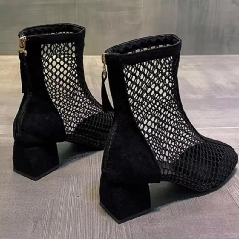 Mesh Square Heel Cooling Boots Summer New Thin Cutout Breathable Mesh Rear Zipper Round Toe Non-Slip Heel Booties