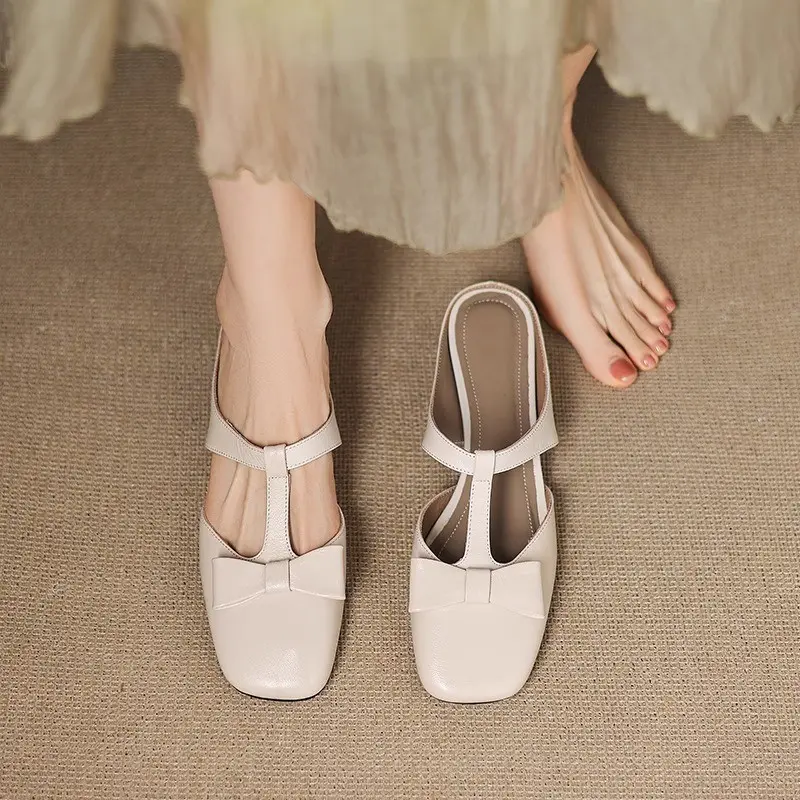 Baotou Half Slippers Women's Summer New Square Toe Shallow Mouth Bow Low Heel Block Heel Slip-on Wear-resistant Slippers