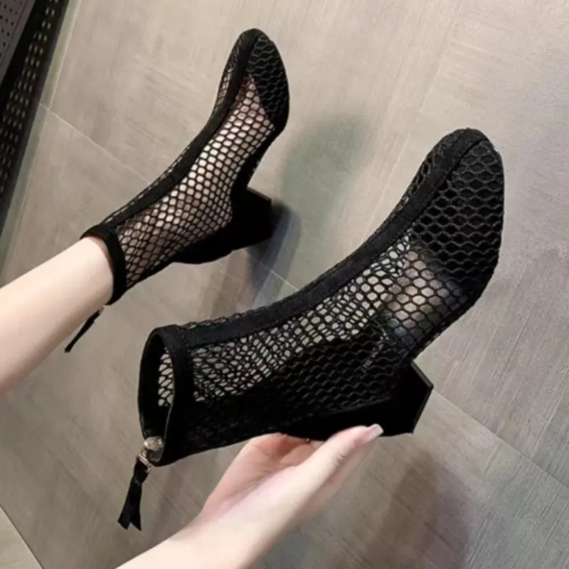 Mesh Square Heel Cooling Boots Summer New Thin Cutout Breathable Mesh Rear Zipper Round Toe Non-Slip Heel Booties