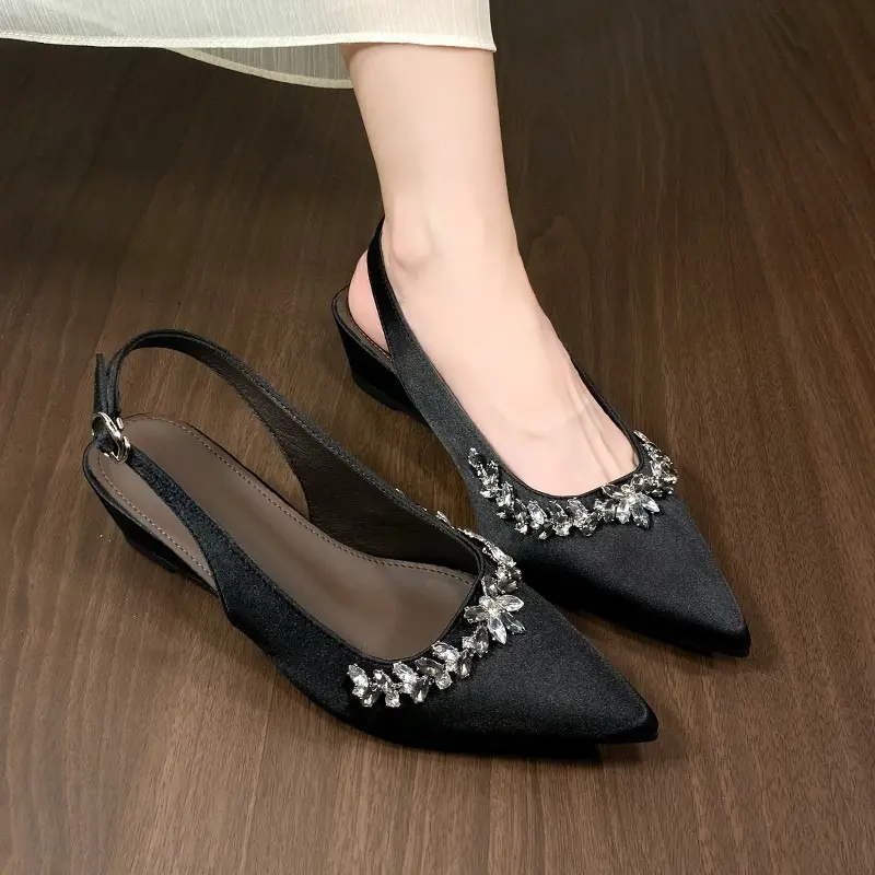 Spring and Summer New Rhinestone Chain One Strap Baotou Sandals Women's Pointed Toe Shallow Mouth Wedge Shoes
