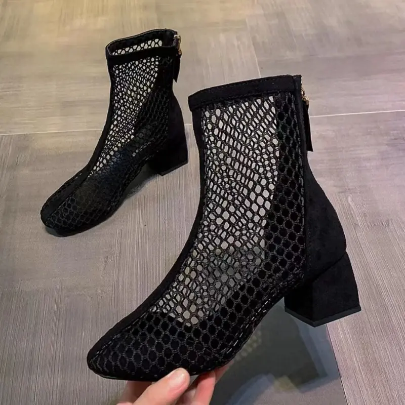 Mesh Square Heel Cooling Boots Summer New Thin Cutout Breathable Mesh Rear Zipper Round Toe Non-Slip Heel Booties