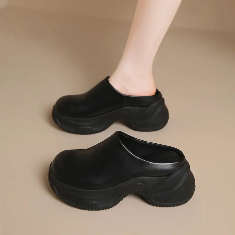 Baotou Semi-slippers Women Wear New Soft Leather Platform Round Head Small Water Platform Heightened Lazy Slip-on Slippers