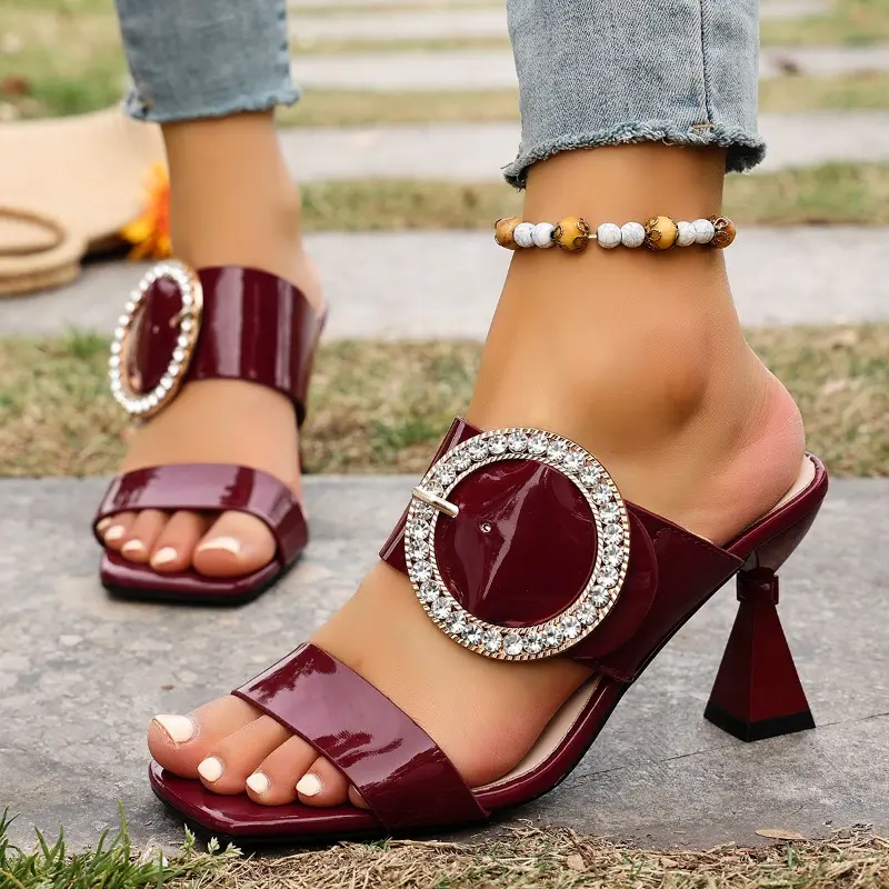 Temperament Small Thin Heel Open Toe Sandals and Slippers for Women in Summer Wear Rhinestone High Heel Lazy Drag